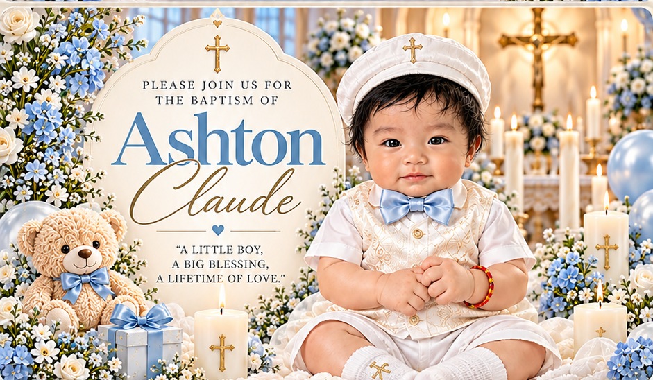 Ashton Claude in a white baptism outfit with a white baptism cap and blue bow tie, seated in a church-inspired floral setting