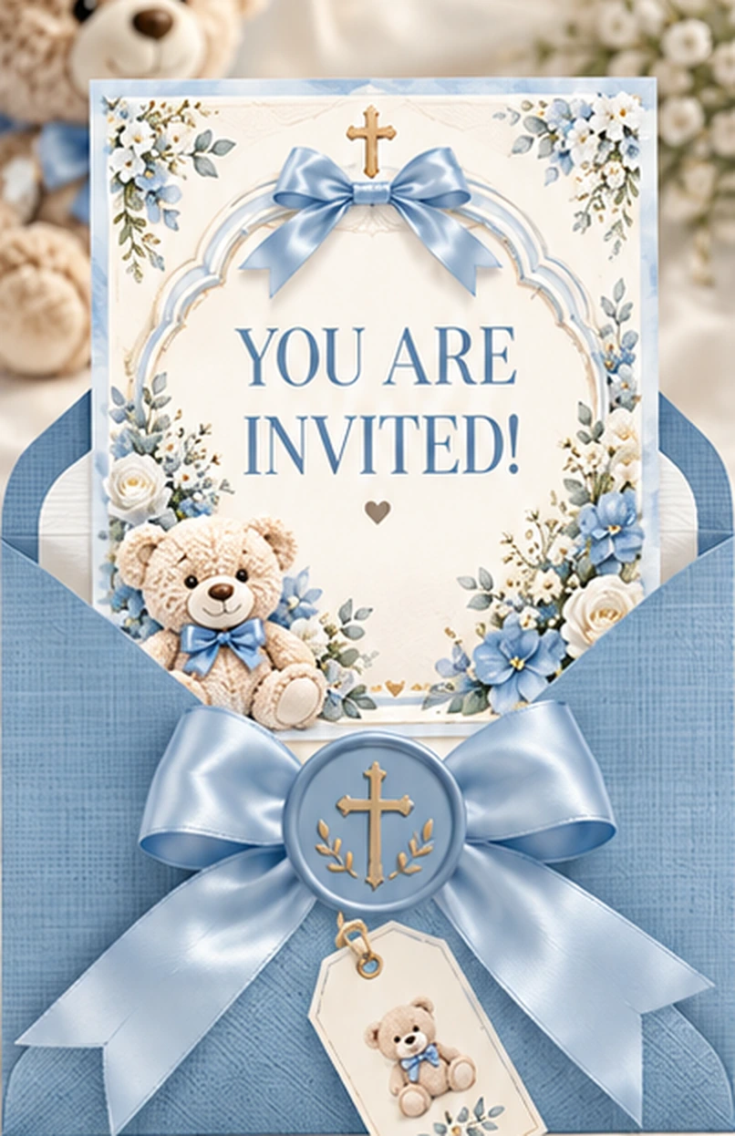 A sky-blue envelope with satin ribbon and gold cross wax seal, holding a floral You Are Invited card with a teddy bear